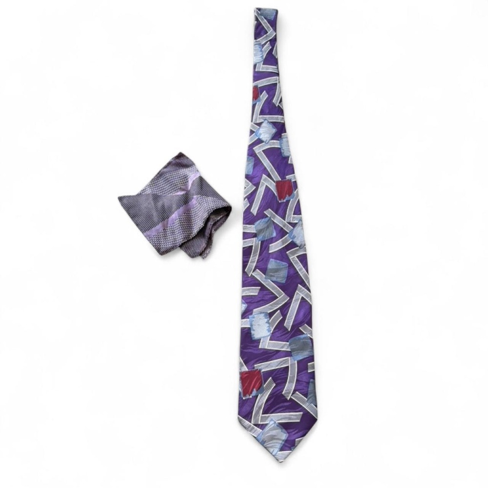 Vintage 90s John Blair Silk Purple Abstract Geometric Tie‎ & Pocket Square Set